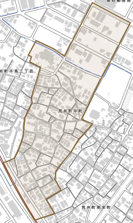 荒井町中町とその周辺の地図。町の範囲を重ねている