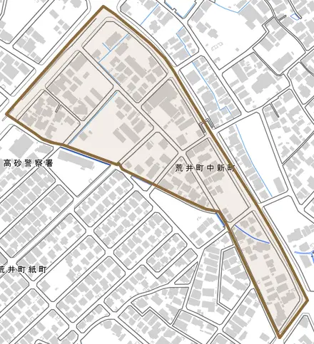 荒井町中新町とその周辺の地図。町の範囲を重ねている