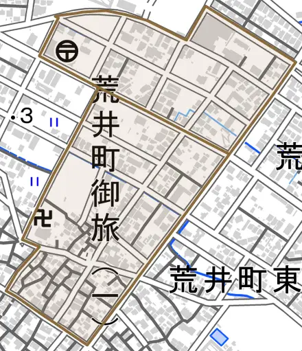 荒井町御旅とその周辺の地図。町の範囲を重ねている