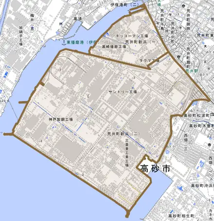 荒井町新浜とその周辺の地図。町の範囲を重ねている