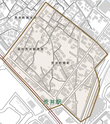 荒井町扇町とその周辺の地図。町の範囲を重ねている