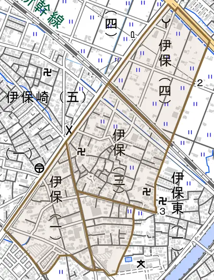 伊保とその周辺の地図。町の範囲を重ねている