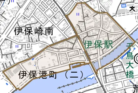 伊保港町とその周辺の地図。町の範囲を重ねている