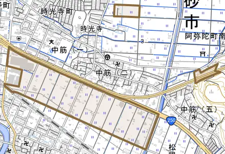 伊保町中筋とその周辺の地図。町の範囲を重ねている