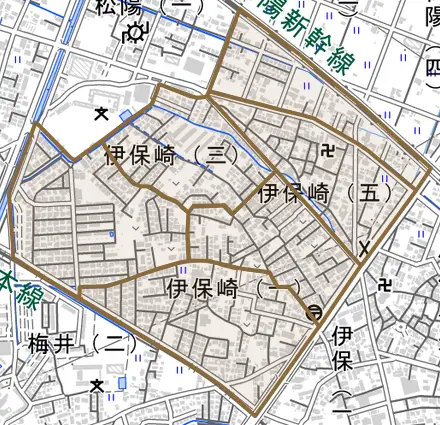 伊保崎とその周辺の地図。町の範囲を重ねている
