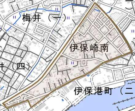 伊保崎南とその周辺の地図。町の範囲を重ねている