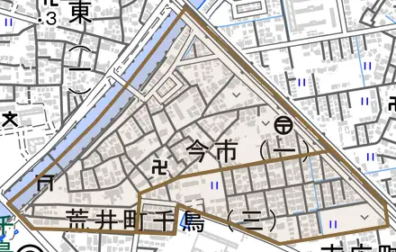 今市とその周辺の地図。町の範囲を重ねている