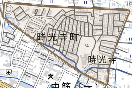 時光寺町とその周辺の地図。町の範囲を重ねている
