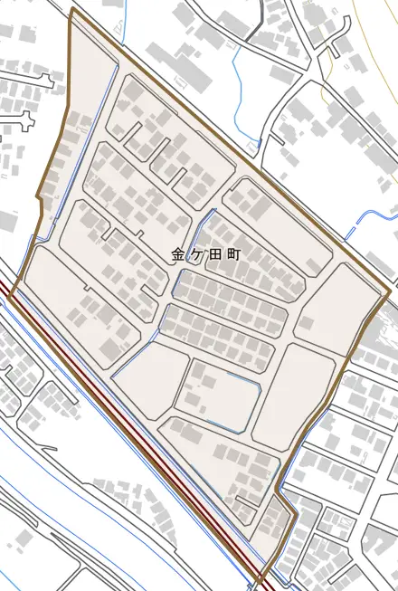 金ケ田町とその周辺の地図。町の範囲を重ねている