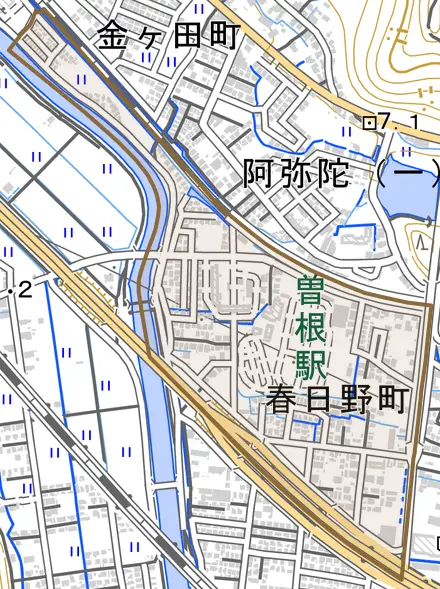 春日野町とその周辺の地図。町の範囲を重ねている