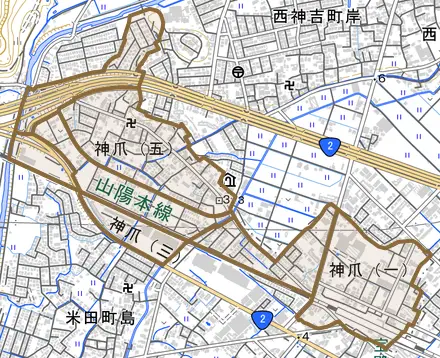 神爪とその周辺の地図。町の範囲を重ねている