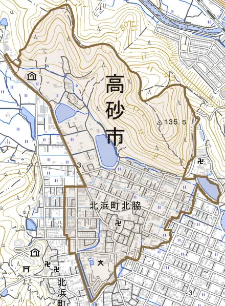 北浜町北脇とその周辺の地図。町の範囲を重ねている