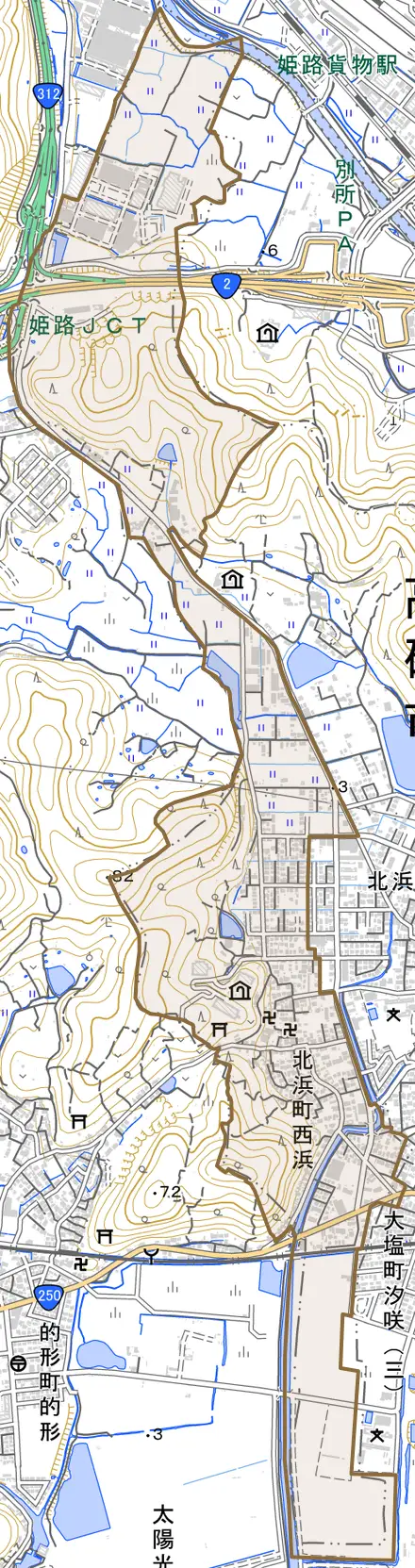 北浜町西浜とその周辺の地図。町の範囲を重ねている