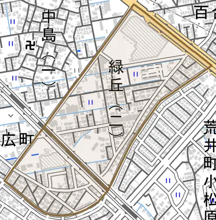 緑丘とその周辺の地図。町の範囲を重ねている
