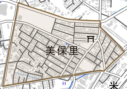 美保里とその周辺の地図。町の範囲を重ねている