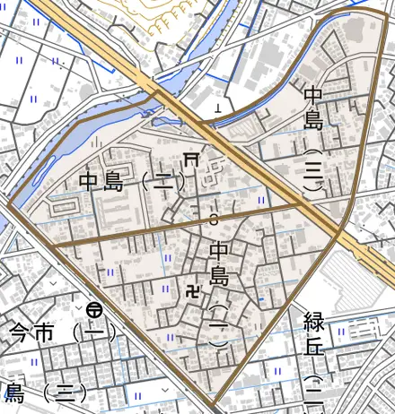 中島とその周辺の地図。町の範囲を重ねている