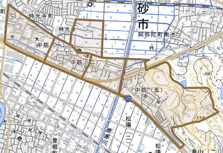 中筋とその周辺の地図。町の範囲を重ねている