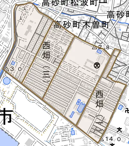 西畑とその周辺の地図。町の範囲を重ねている
