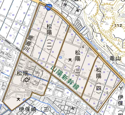 松陽とその周辺の地図。町の範囲を重ねている