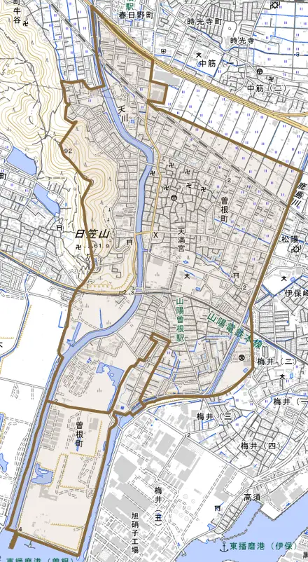 曽根町とその周辺の地図。町の範囲を重ねている