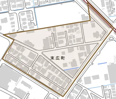 末広町とその周辺の地図。町の範囲を重ねている