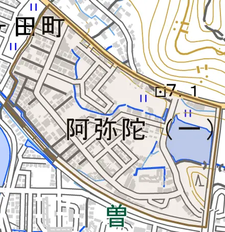 阿弥陀とその周辺の地図。町の範囲を重ねている