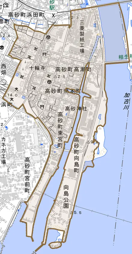高砂町とその周辺の地図。町の範囲を重ねている