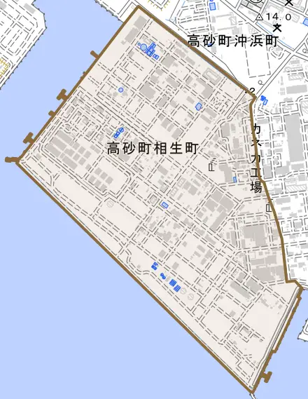 高砂町相生町とその周辺の地図。町の範囲を重ねている