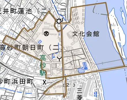 高砂町朝日町とその周辺の地図。町の範囲を重ねている