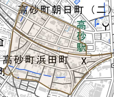 高砂町浜田町とその周辺の地図。町の範囲を重ねている