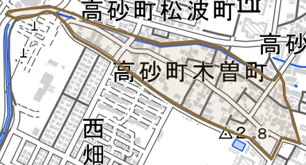 高砂町木曽町とその周辺の地図。町の範囲を重ねている