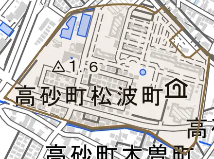 高砂町松波町とその周辺の地図。町の範囲を重ねている