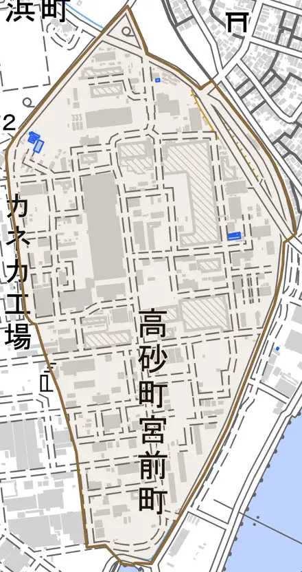 高砂町宮前町とその周辺の地図。町の範囲を重ねている