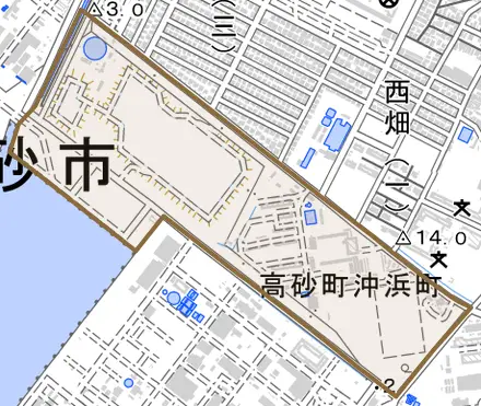 高砂町沖浜町とその周辺の地図。町の範囲を重ねている