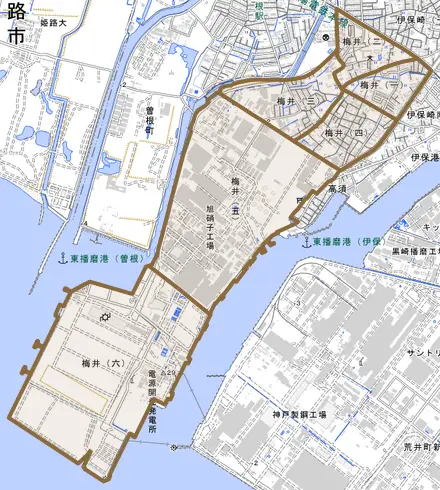 梅井とその周辺の地図。町の範囲を重ねている