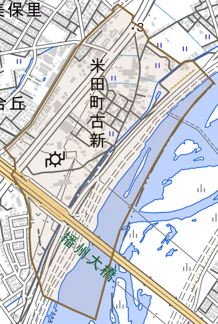 米田町古新とその周辺の地図。町の範囲を重ねている