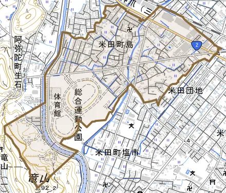 米田町島とその周辺の地図。町の範囲を重ねている