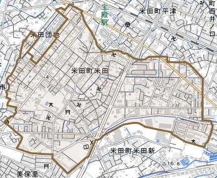 米田町米田とその周辺の地図。町の範囲を重ねている