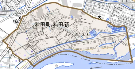 米田町米田新とその周辺の地図。町の範囲を重ねている