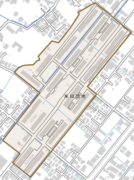 米田団地とその周辺の地図。町の範囲を重ねている