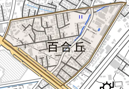 百合丘とその周辺の地図。町の範囲を重ねている