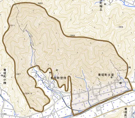 青垣町文室とその周辺の地図。町の範囲を重ねている