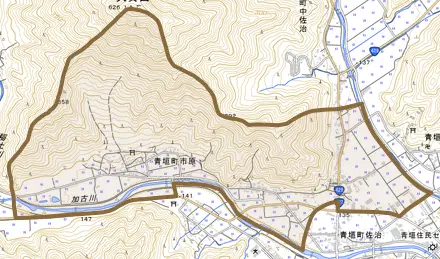 青垣町市原とその周辺の地図。町の範囲を重ねている