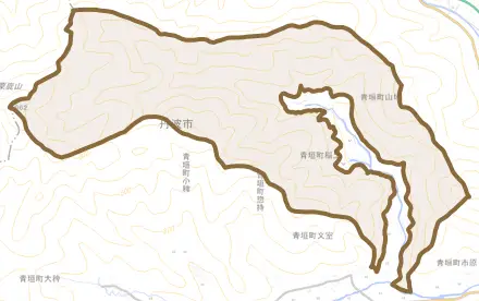 青垣町稲土とその周辺の地図。町の範囲を重ねている