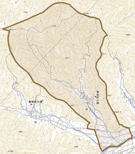 青垣町小稗とその周辺の地図。町の範囲を重ねている