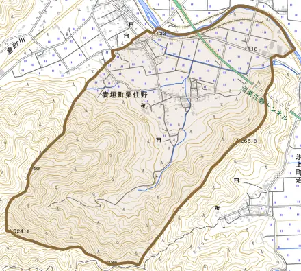 青垣町栗住野とその周辺の地図。町の範囲を重ねている