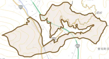青垣町中佐治とその周辺の地図。町の範囲を重ねている
