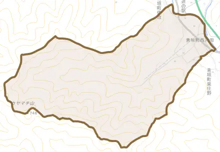 青垣町西芦田とその周辺の地図。町の範囲を重ねている