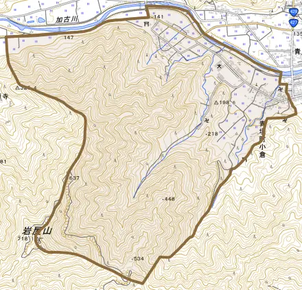 青垣町小倉とその周辺の地図。町の範囲を重ねている