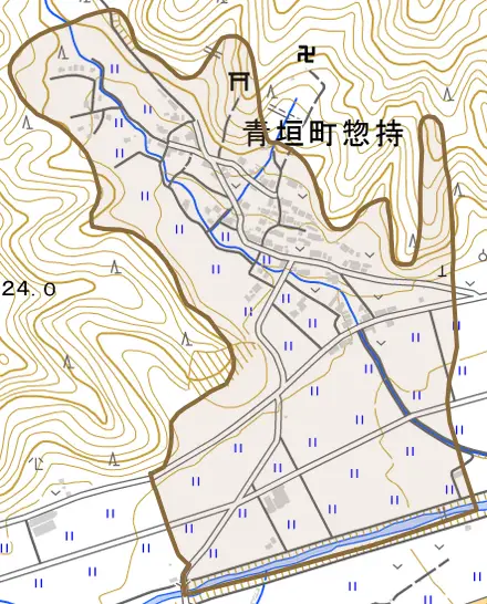 青垣町惣持とその周辺の地図。町の範囲を重ねている